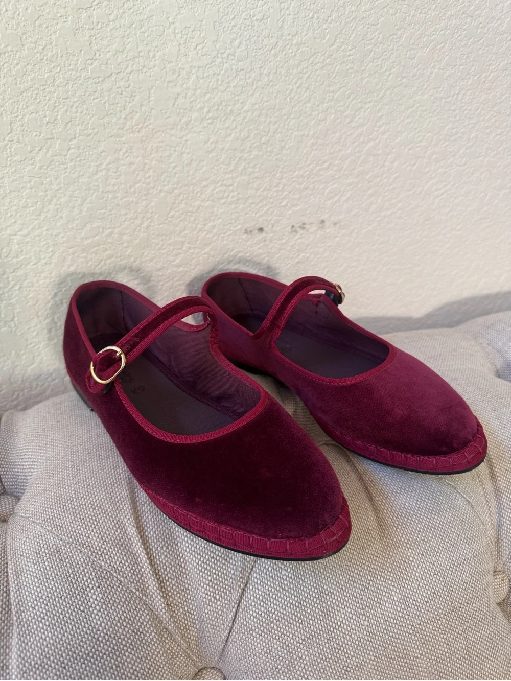 Burgundy Velvet Mary Jane Flats with Buckle Strap